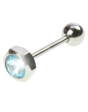 Tungepiercing med Sekskantet Topkugle & Blå Sten