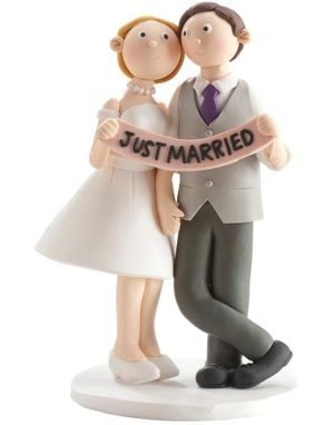 Flott Brudepar med "Just Married" Banner - Kaketopp 14 cm