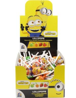 120 stk Minion Lollipops - Assorterede Kærligheder på Pind med Frugtsmag - Hel Kasse 1,2 kg