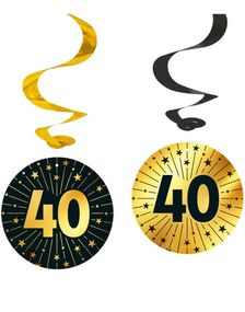4 stk 40-Års Bursdag Hengende Swirls - Svart og Gull