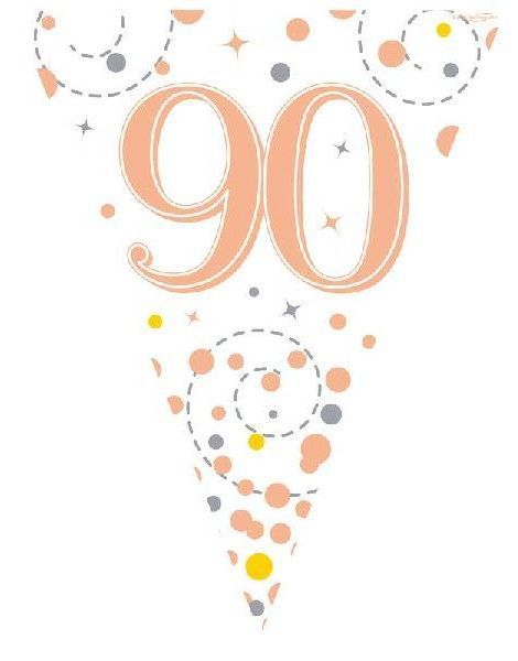 90-års Feiring Hvit og Rosegullfarget Banner med 11 Flagg - 3,9 Meter
