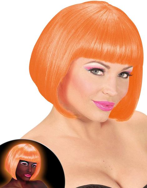 Neon Orange Paryk med Bob Frisure - Lyser Under UV-Lys