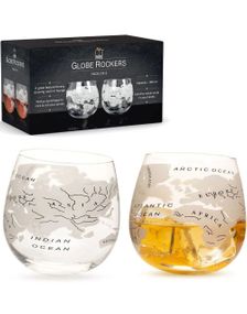 2 stk Globe Rocker Whiskeyglass med Rund Bunn og Verdenskartmotiv 300 ml