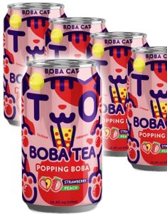 DATO PRODUKT - 24 stk Boba Cat Peach Strawberry - Popping Bubble/Boba Tea - Helt Brett 24x320 ml (Taiwan)
