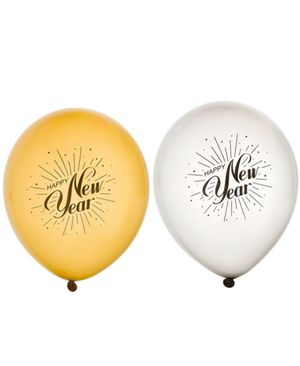 6 stk Sølv- og Guldfarvet Happy New Year Balloner 30 cm