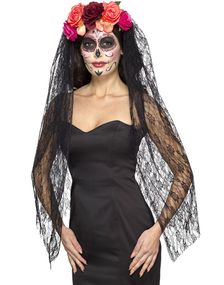 Day of the Dead Hårbøjle med Roser og Blondeslør