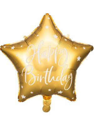 Happy Birthday! - Stjerneformet Gullfarget Folieballong med Hvit Skrift 40 cm
