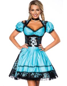 Sort Luksus Dirndl Oktoberfestkjole med Blomstermønster i Blåt