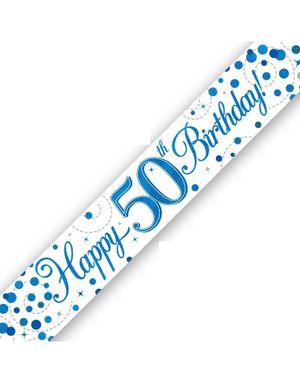 Happy 50th Birthday - 2,7 Meter Hvit og Blå Holografisk Banner