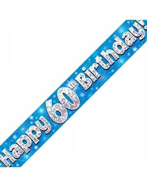 Happy 60th Birthday - 2,7 Meter Blå og Sølvfarget Holografisk Banner