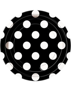 8 stk Sorte Små Paptallerkner med Hvide Polka Dots 17 cm