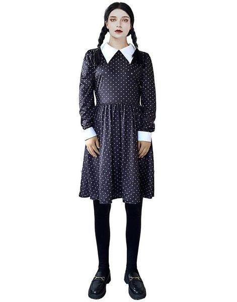 Sort Wednesday-inspireret Kostume med Hvid Krave til Damer