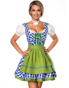 Ternet Blåt og Hvidt Traditionelt Oktoberfest Kostume med Grønne Dele