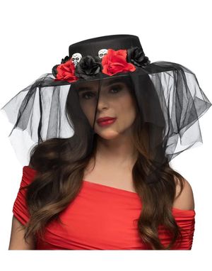 Day of the Dead Hat med Slør og Dekoration