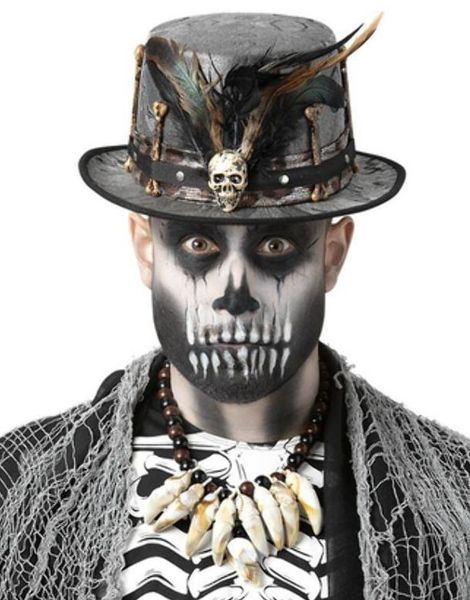 Sølvgrå Voodoo Floss Hat med Skelet og Fjer og Kranie