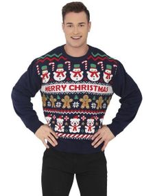 Blå "Merry Christmas" Juletrøje med Forskellige Julemotiver til Herrer
