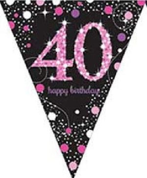 40 Års Feiring - Glitrende Svart og Rosa Vimpelbanner 4 m