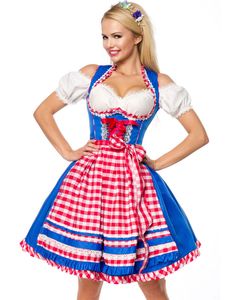 Deluxe Royal Blå Dirndl-Oktoberfestkjole med Røde Tern