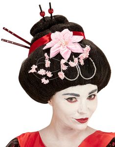 Sort Geisha Paryk med Blomster og Spisepinde
