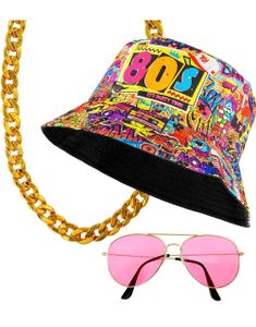 80'er Party Kit – Bucket-hat, Guldkæde og Pink Solbriller