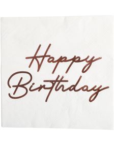 16 stk Hvite Happy Birthday Servietter med Gull Skrift 33x33 cm