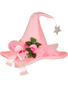 Rosa Heksehatt/Fe-Hatt med Blomster, Sløyfer, Perler og Stjerne