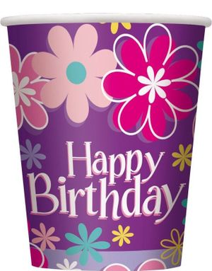 8 stk Pappkopper Blomstrende Happy Birthday 270 ml - Birthday Blossoms