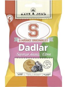 Steinfrie Dadler med S-Merke Supersur Ananas- og Sitronsmak - Dave & Jon's 50 gram