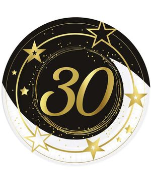 6 stk Svarte og Hvite Papptallerkener 33 cm - 30 ÅR