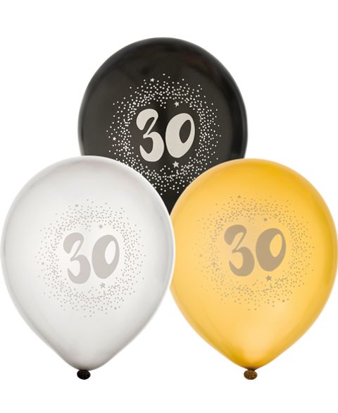 30 år - 6 stk Sorte, Sølv- og Guldfarvet Balloner 30 cm