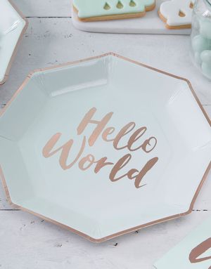 8 stk. Mintgrønne Paptallerkener med Folieret Guldfarvet Tekst 25 cm - Hello World