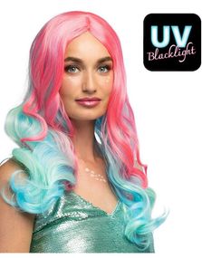 Nixie - Bølgete UV Reaktiv Rosa, Blå og Grønn Parykk