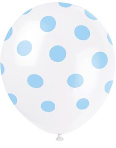 6 stk 30 cm - Hvide Balloner med Lyseblå Polka Dots