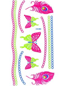 Ark med Fluorescerende Sommerfugl, Fjær og Lenke/Kjedetatoveringer (UV Fake Tattoo)