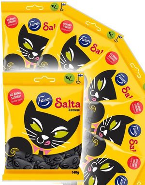 24 Stk Poser med Fazer Salta Katten - Katteformet Salt Lakrids - Hel Kasse 3360 Gram