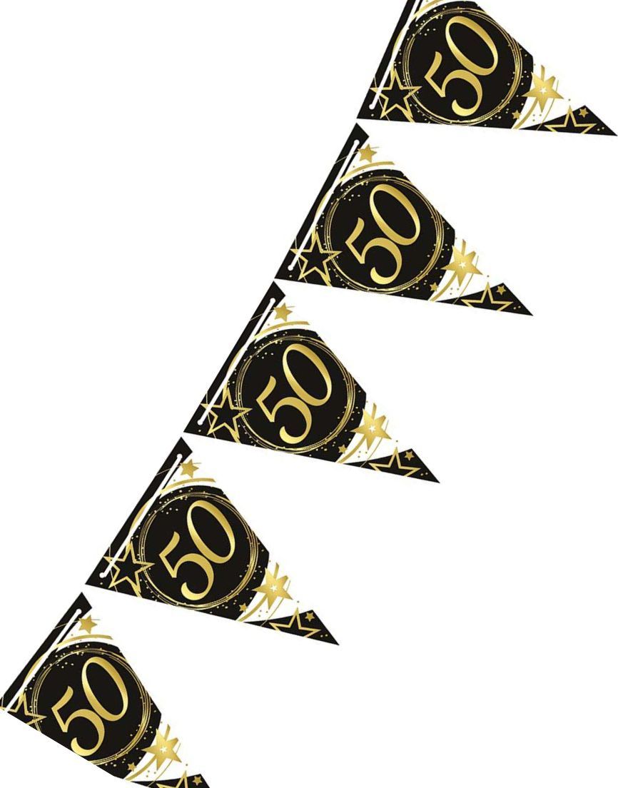 3 meter langt sort og hvidt flagbanner med guldbogstaver - 50 ÅR ...