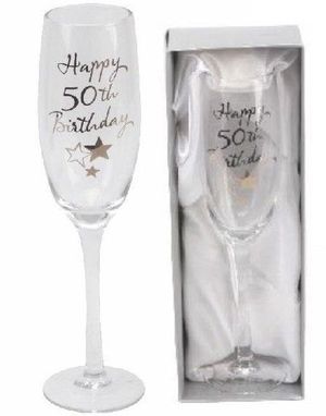 Happy 50th Birthday - Champagneglass med Sølvfarget Tekst og Motiver i Gaveeske 23 cm