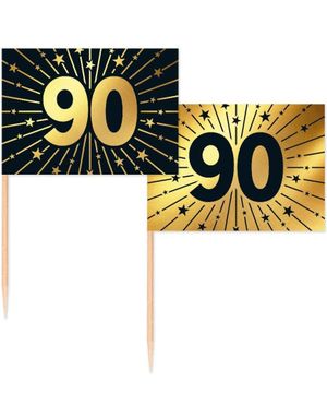 50 Stk 90 år Mat/Kakeflagg 6,5 cm - Svart og Gull