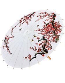 Hvid Parasol med Fugle-, Grene- og Blomstermotiver 60x84 cm