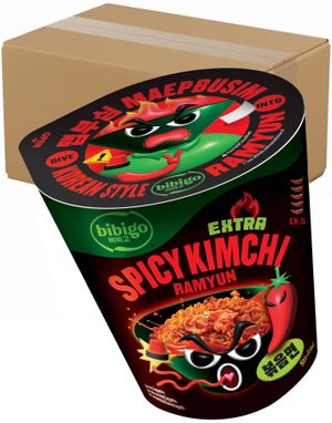 8 stk Extra Spicy Kimchi Ramyun - Ekstra Stærk Kimchismag - BIBIGO - Hel Kasse 784 gram (Korea)