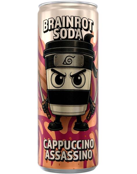 Brainrot Soda - Cappuccino Assassino - Sukkerfri Sodavand med Hindbær og Sukkerspindssmag 250 ml