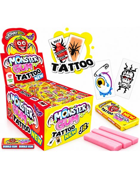 200 stk Johnny Bee Monster Gum - Jordbær Tyggegummi med Midlertidige Tatoveringer 1 kg