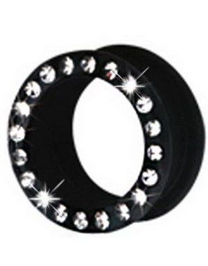 Silikone Piercing Tunnel i Sort med Klare Sten