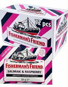 72 stk Sukkerfri Fisherman's Friend Med Smag Af Hindbær, Salmiak Og Mentol - Hel Kasse 1,8 kg