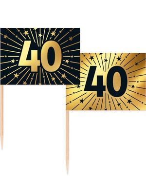 50 Stk 40 år Mat/Kageflag 6,5 cm - Sort og Guld