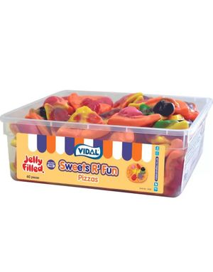 Boks med Vidal Jelly Filled Pizza Slices - Pizzaformet Vingummi med Gelefyll 636 gram