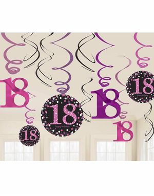 12 stk 18-Års Bursdag Svart og Rosa Hengende Swirls