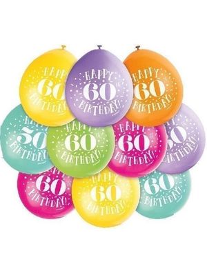 Happy 60th Birthday - 10 stk Flerfarget Ballonger 22,8 cm