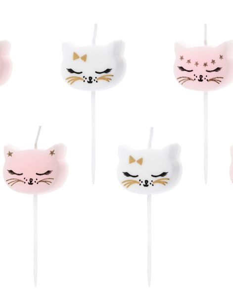 6 stk Katte Kakelys i Hvit og Rosa