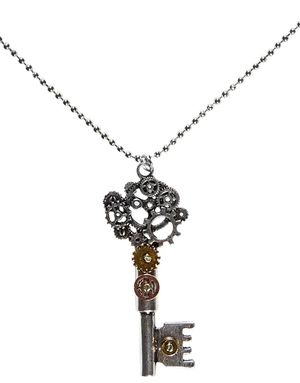 Steampunk Sølvfarvet Nøgleformet Kostumesmykke med Gulddetaljer